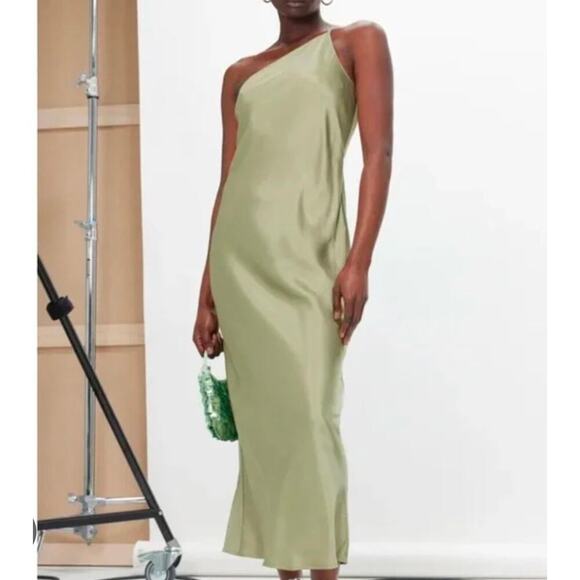 Reformation Olesia Dress Artichoke Satin Green One Shoulder size 8 - Picture 1 of 6